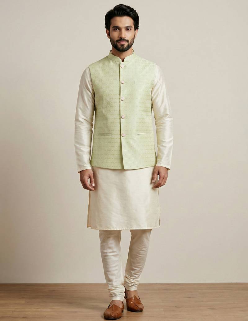 Beige banarasi dupion premium designer festive wear kurta pyjama with jacket set