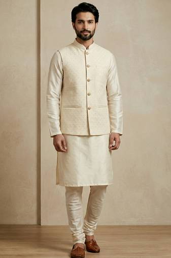 Beige banarasi dupion premium designer festive wear kurta pyjama with jacket set