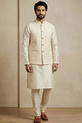 Beige banarasi dupion premium designer festive wear kurta pyjama with jacket set