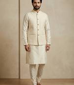 Beige banarasi dupion premium designer festive wear kurta pyjama with jacket set