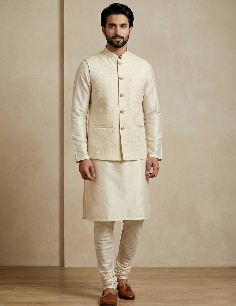 Beige banarasi dupion premium designer festive wear kurta pyjama with jacket set