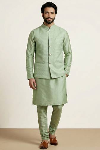 Green banarasi dupion premium designer festive wear kurta pyjama with jacket set