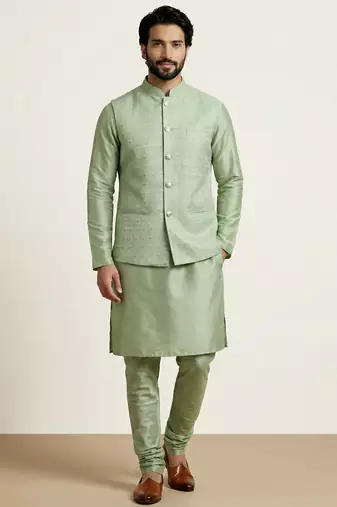 Green banarasi dupion premium designer festive wear kurta pyjama with jacket set