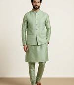 Green banarasi dupion premium designer festive wear kurta pyjama with jacket set