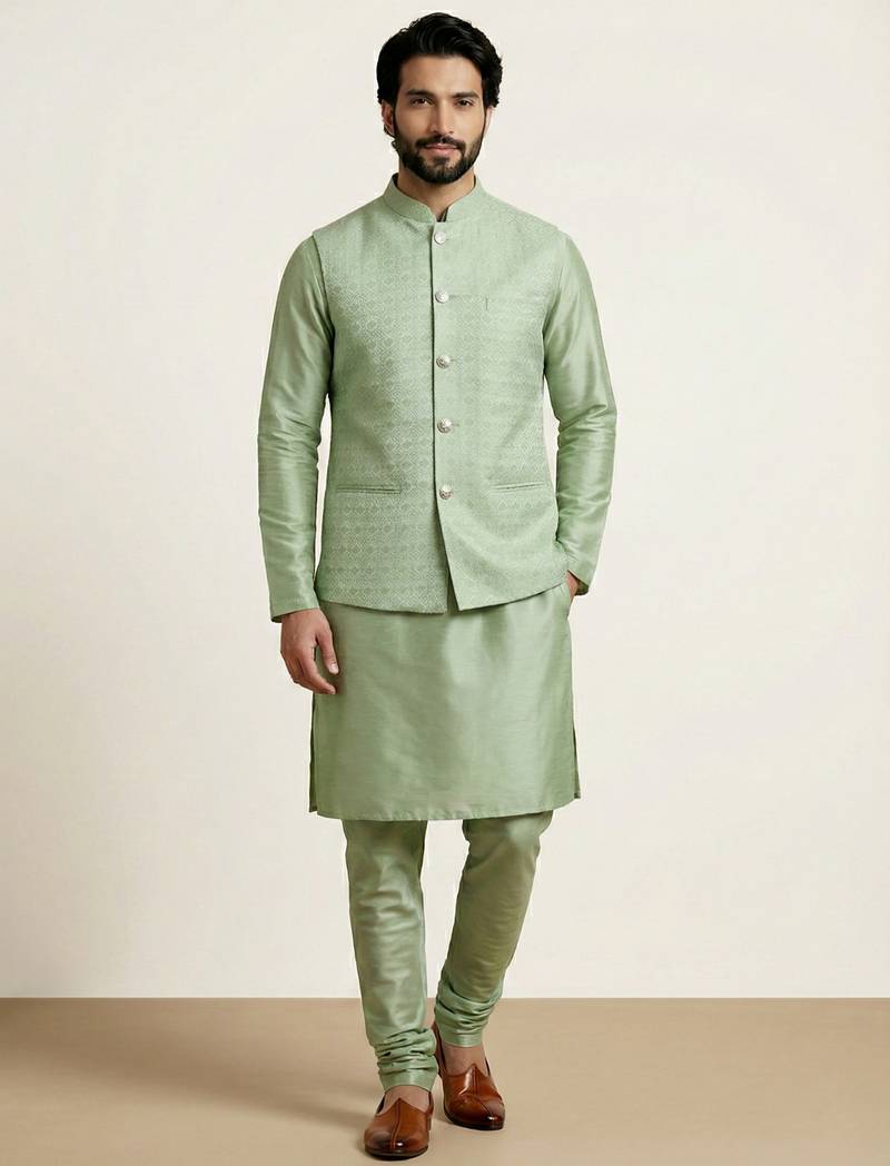 Green banarasi dupion premium designer festive wear kurta pyjama with jacket set