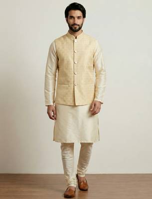 Gold banarasi dupion premium designer festive wear kurta pyjama with jacket set 1