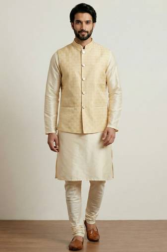 Gold banarasi dupion premium designer festive wear kurta pyjama with jacket set