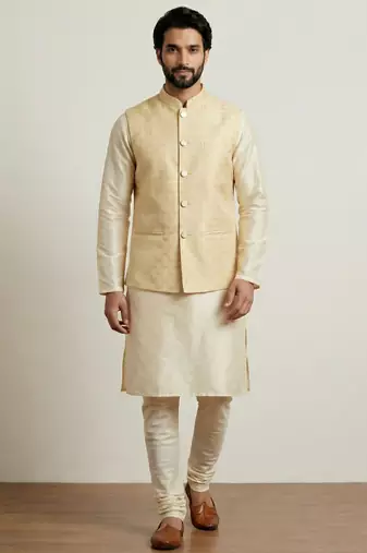 Gold banarasi dupion premium designer festive wear kurta pyjama with jacket set