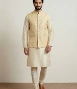 Gold banarasi dupion premium designer festive wear kurta pyjama with jacket set