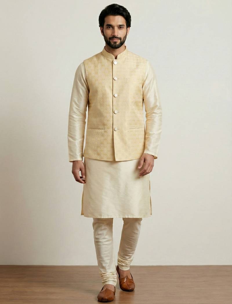 Gold banarasi dupion premium designer festive wear kurta pyjama with jacket set