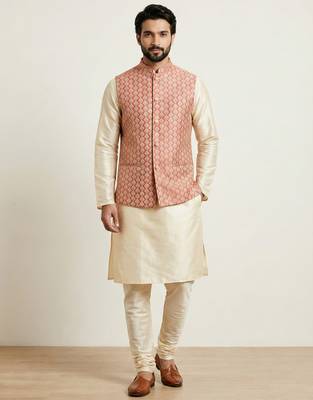Gold banarasi dupion premium designer festive wear kurta pyjama with jacket set 1