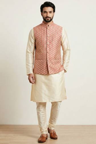Gold banarasi dupion premium designer festive wear kurta pyjama with jacket set
