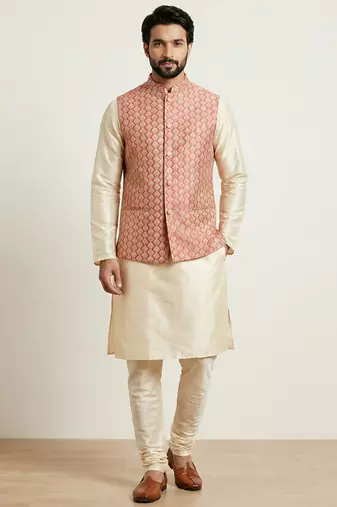 Gold banarasi dupion premium designer festive wear kurta pyjama with jacket set