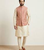 Gold banarasi dupion premium designer festive wear kurta pyjama with jacket set