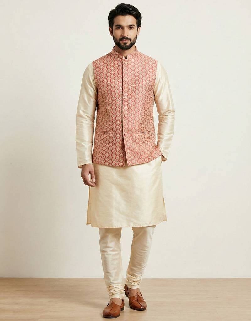 Gold banarasi dupion premium designer festive wear kurta pyjama with jacket set