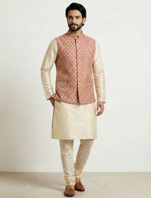 Gold banarasi dupion premium designer festive wear kurta pyjama with jacket set 2