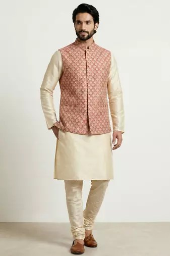 Gold banarasi dupion premium designer festive wear kurta pyjama with jacket set