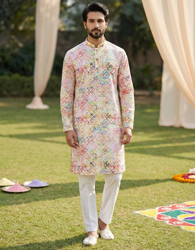 Multi cotton digital print premium designer festive wear kurta trouser set