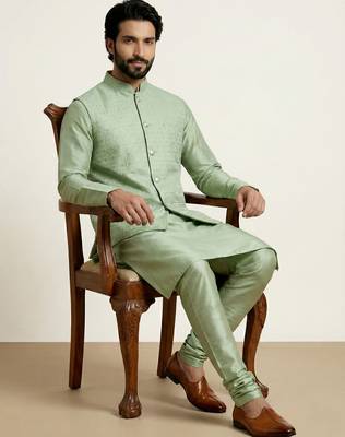 Green banarasi dupion premium designer festive wear kurta pyjama with jacket set 2