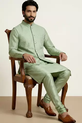 Green banarasi dupion premium designer festive wear kurta pyjama with jacket set