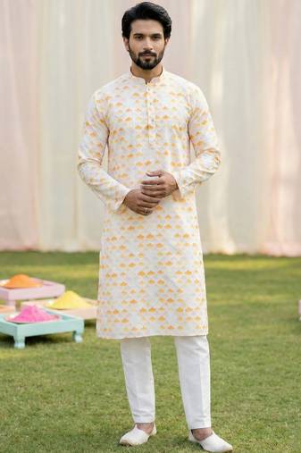 beige cotton digital print premium designer festive wear kurta trouser set