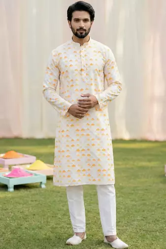 beige cotton digital print premium designer festive wear kurta trouser set