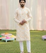 beige cotton digital print premium designer festive wear kurta trouser set