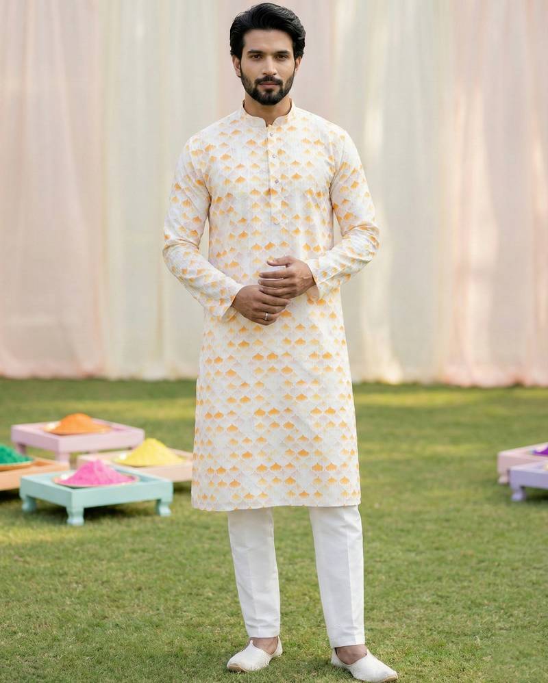 beige cotton digital print premium designer festive wear kurta trouser set