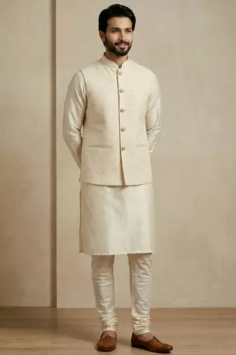 Beige banarasi dupion premium designer festive wear kurta pyjama with jacket set