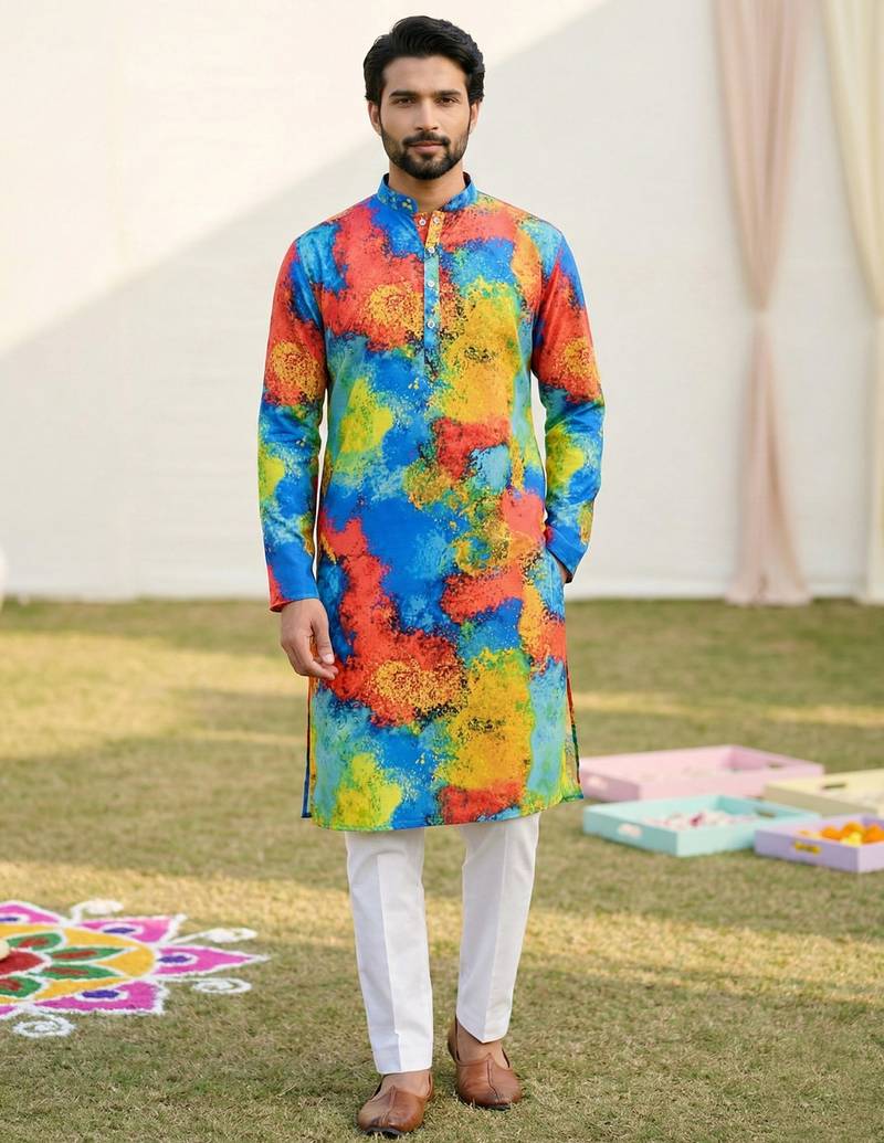 Multi cotton digital print premium designer festive wear kurta trouser set