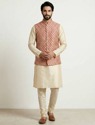 Gold banarasi dupion premium designer festive wear kurta pyjama with jacket set 3