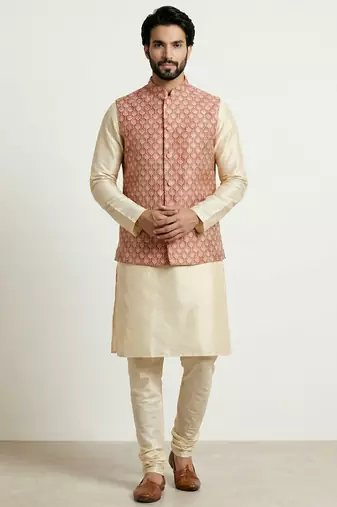 Gold banarasi dupion premium designer festive wear kurta pyjama with jacket set