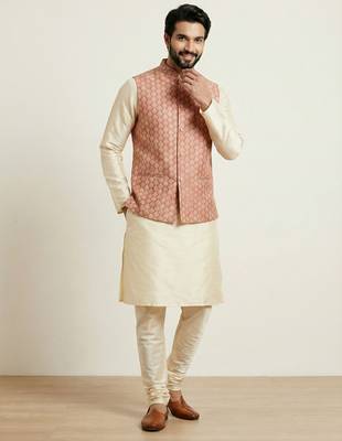 Gold banarasi dupion premium designer festive wear kurta pyjama with jacket set 2