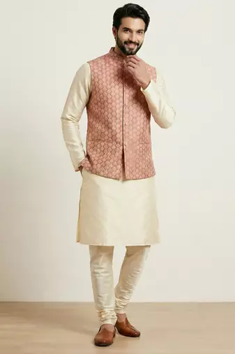 Gold banarasi dupion premium designer festive wear kurta pyjama with jacket set