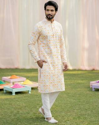 beige cotton digital print premium designer festive wear kurta trouser set 2