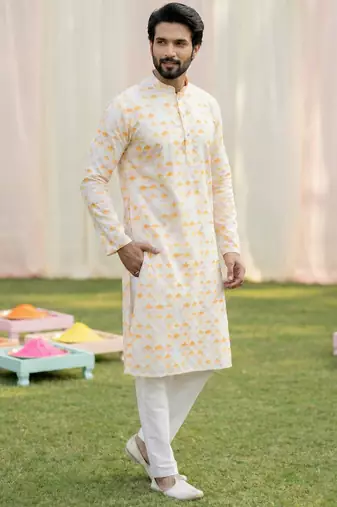 beige cotton digital print premium designer festive wear kurta trouser set