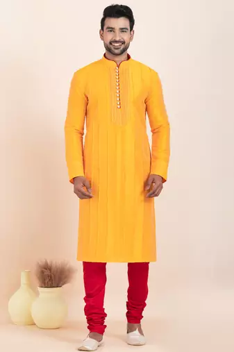 Yellow banarsi dhupion  silk-thread work premium designer festive wear kurta pyjama set