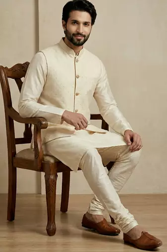 Beige banarasi dupion premium designer festive wear kurta pyjama with jacket set