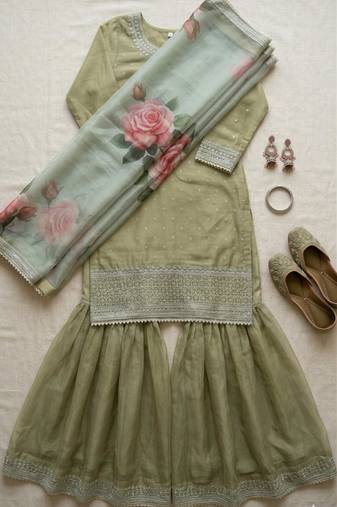 green floral organza gharara set