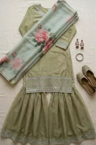 green floral organza gharara set