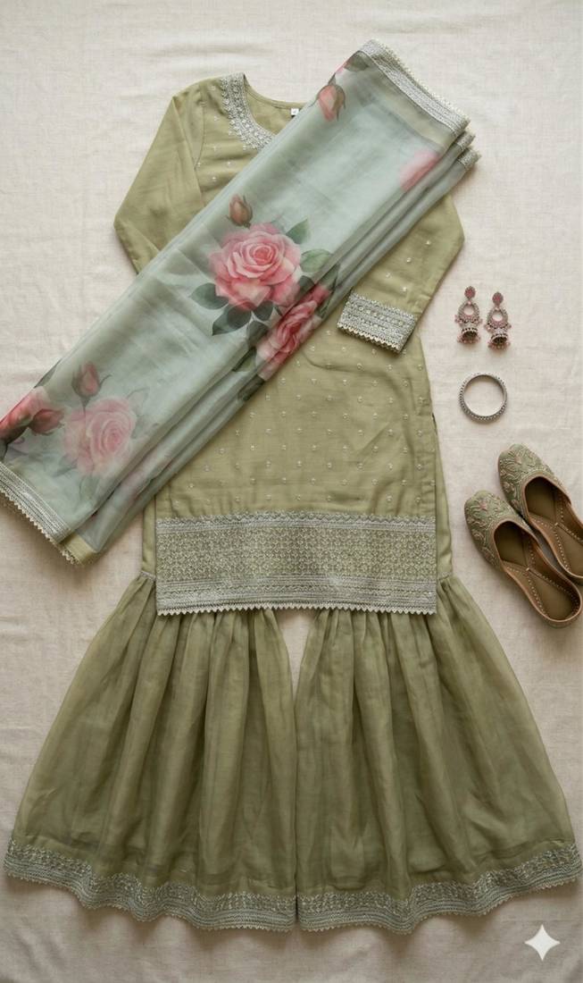 green floral organza gharara set