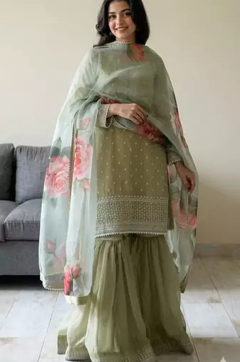 green floral organza gharara set
