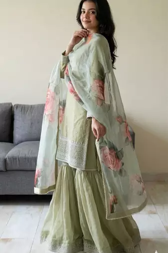 green floral organza gharara set