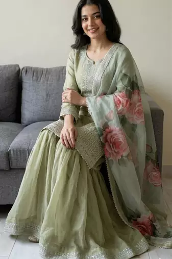 green floral organza gharara set