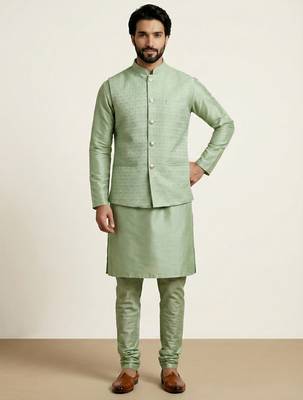 Green banarasi dupion premium designer festive wear kurta pyjama with jacket set 3