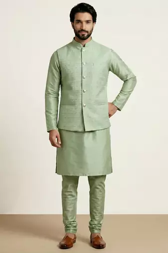 Green banarasi dupion premium designer festive wear kurta pyjama with jacket set