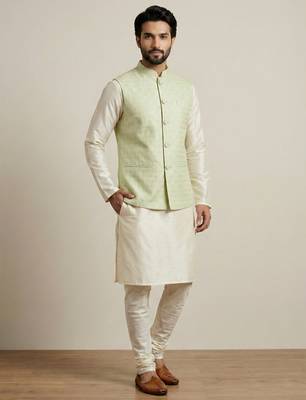 Beige banarasi dupion premium designer festive wear kurta pyjama with jacket set 2