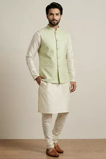 Beige banarasi dupion premium designer festive wear kurta pyjama with jacket set
