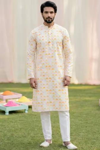 beige cotton digital print premium designer festive wear kurta trouser set