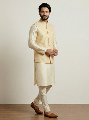 Gold banarasi dupion premium designer festive wear kurta pyjama with jacket set 2